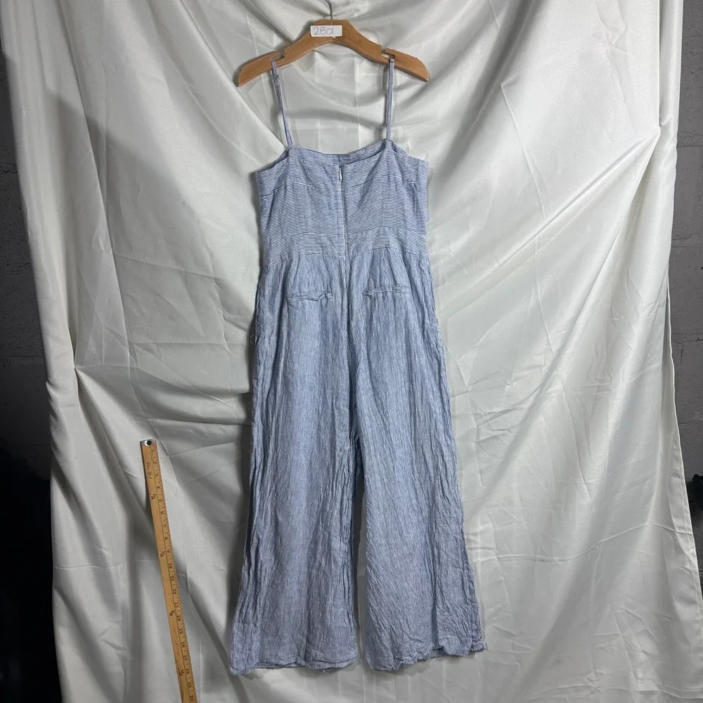 J.Crew Blue White Pinstripe Linen Wide Leg Jumpsuit crops Size 00 saiLor preppy